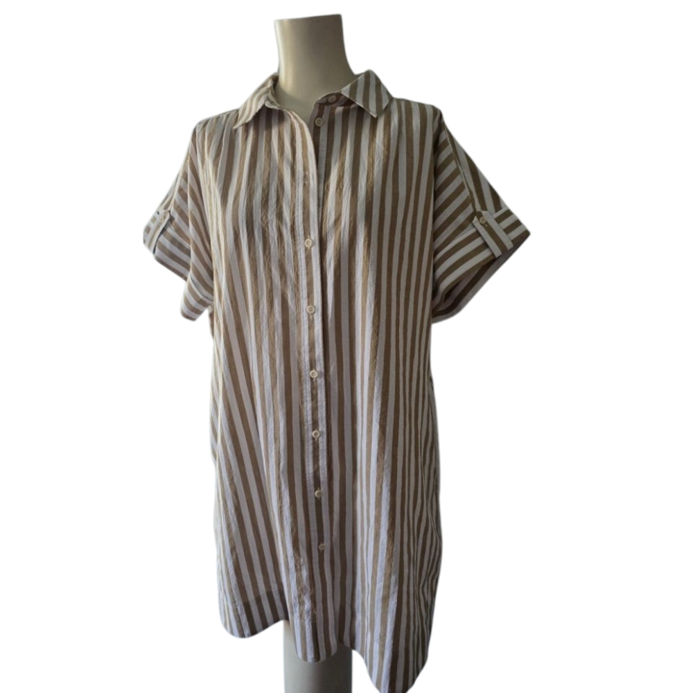 Madewell Cotton Taupe and White Stripe Casual Shirt Dress Size Medium Preppy
